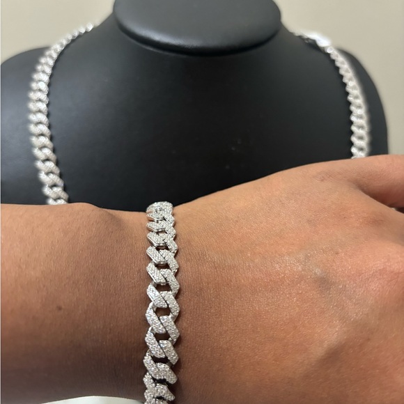 Genuine 925 Sterling Silver Iced Out Cuban Necklace & Bracelet Set - Picture 6 of 6